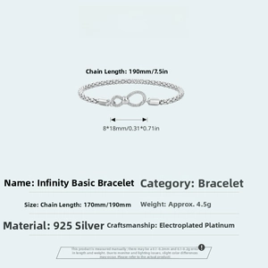 Detailed size specifications for infinity symbol S925 sterling silver chain bracelet