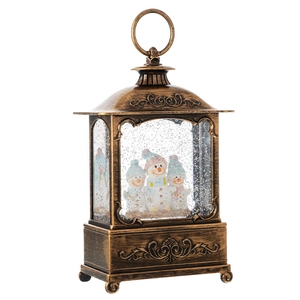 Vintage bronze Christmas lantern with snowman snow globe effect and hanging ring