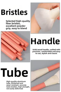 Detail of soft fiber bristles, coral pink wooden handle and durable aluminum tube