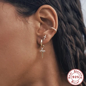 925 silver dagger earrings with cross stud and ear cuff set in gold finish