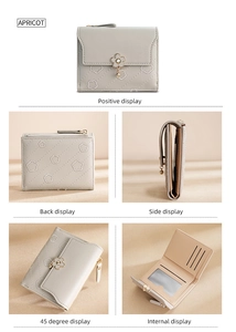 Detailed views of an apricot tri-fold wallet featuring flower quilting and metal buckle