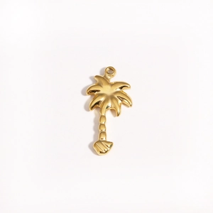 Polished gold coconut tree pendant made of stainless steel for DIY jewelry on white background
