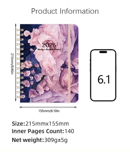 Detailed view of 215mm x 155mm floral A5 planner with spiral binding and size specifications
