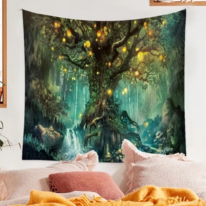 Fantasy enchanted tree tapestry with glowing lights for bedroom wall decoration
