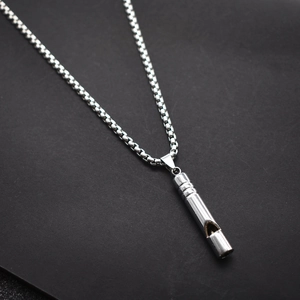 Silver whistle pendant necklace with functional mouthpiece on a box chain for streetwear