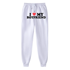 White joggers featuring I Love My Boyfriend heart print and elastic drawstring waist