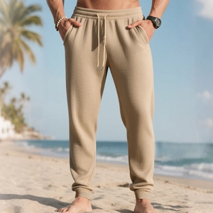 Men's khaki waffle knit joggers with drawstring waist for summer beach sports and leisure