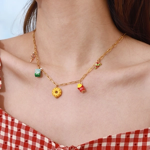 Enamel Food Pendant Necklace 18K Gold Plated Stainless Steel French Fries Pizza Donut Sweet Clavicle Chain Jewelry