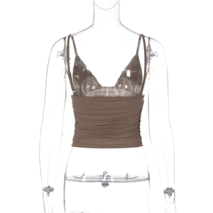 Detail showing V-neck design and ruched waist of a brown slim-fit camisole top