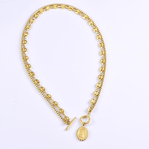 Vintage double layer gold necklace with coffee bean chain and round cameo pendant