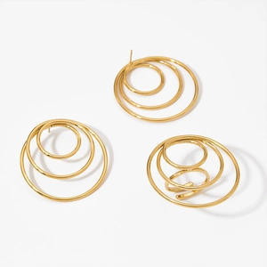 Minimalist multi-layer gold concentric circle drop earrings in geometric stainless steel