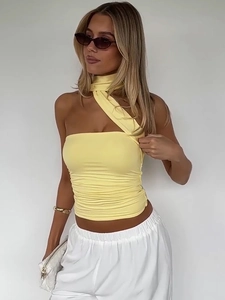 Κομψό κίτρινο crop top με έναν ώμο, πτυχώσεις και μακριές διακοσμητικές κορδέλες