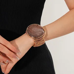 Retro Bohemian Upper Arm Bracelet Handmade Wire Wrapped Gold Tone Metal Round Brown Resin Stone Exaggerated Cuff