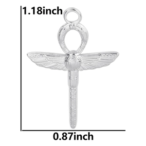 Detailed view of silver Egyptian Ankh scarab pendant with size markers 1.18 by 0.87 inch