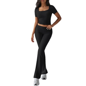 Women's black Y2K crop top and high-waist flared pants sporty two-piece outfit set
