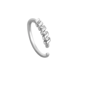 Detail shot of silver-colored metal C-shaped nose ring with small clear crystal accents
