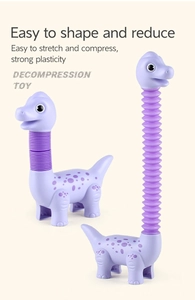 Purple dinosaur pop tube toy showing stretchable and compressible corrugated neck structure