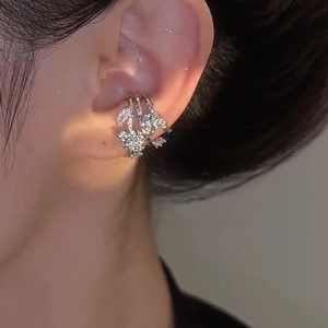 Elegant silver triple-layer flower ear cuff with sparkling cubic zirconia for women