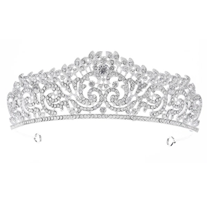 Vintage silver crystal bridal tiara with floral rhinestone patterns on white background