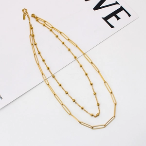 Minimalist double layer gold necklace with paperclip and bead chains for women