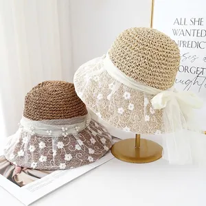 French Elegant Straw Bucket Hat Women UV Protection Breathable Floral Lace Artificial Pearl Mesh Bow Sunshade Summer