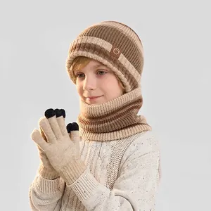 Kids Winter Knitted Hat And Scarf And Gloves Striped Fleece Lined Warm Touchscreen For Boys Girls