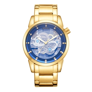 Montre homme d'affaires avec bracelet acier doré et cadran mécanique squelette bleu