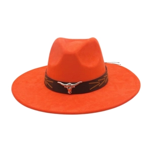 Orange wide-brim western cowboy hat with metal bull head buckle and black band