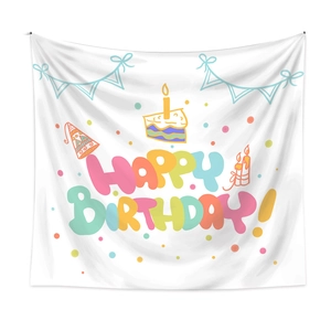 Detail of hand-drawn Happy Birthday tapestry with cake and festive party elements