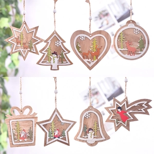Wooden Christmas Hanging Ornaments Laser Cut Multi Layer Hollow Design Santa Reindeer Snowman Angel Xmas Party Decor