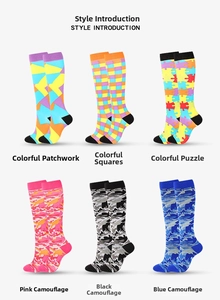 Detailed view of six patterned compression socks including colorful geometry and camouflage