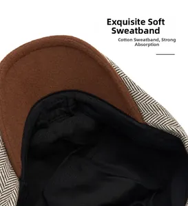 Detail of soft cotton sweatband and premium herringbone fabric lining of newsboy cap