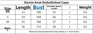 Size chart for the denim knot cape top with measurements for XS S M and L in centimeters