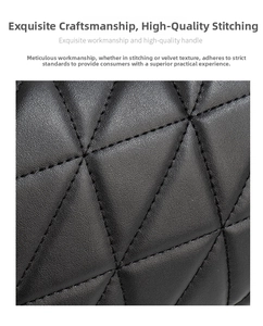 Detail of black leather small square bag featuring neat triangle quilted stitching patterns