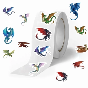 Roll of 500 colorful cartoon dragon stickers for scrapbooking and envelope sealing