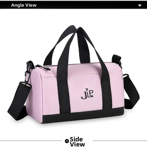 Side view detail of a pink nylon barrel bag showing black straps and JLP logo branding