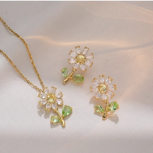 Daisy Flower Necklace And Stud Earrings For Women Stainless Steel Zirconia Inlaid Elegant Floral Jewelry Accessories