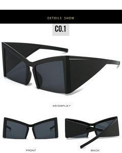 Detailed multi-angle view of oversized cat-eye sunglasses with bold geometric butterfly wings