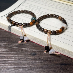 Exquisite agarwood prayer beads with jade bodhi pumpkin accents on a vintage script background