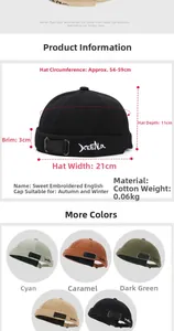 Detail showing embroidered Miki hats in five colors with dimensions and cotton fabric