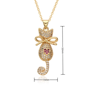 Detailed view of cat pendant with sparkling zircons and purple heart gemstone, size 32x15mm
