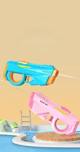 Detailed close-up of blue and pink automatic electric water guns with non-slip texture
