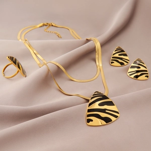 Parure de bijoux vintage en acier titane doré avec motifs zèbre triangulaires