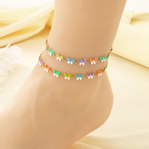 Tobillera Bohemia de Acero Inoxidable Con Mariposa y Hoja de Esmalte Colorido para Mujer Joyas de Playa de Verano