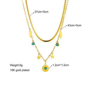 Double-layer 18K gold plated chain necklace with turquoise pendant and star charms