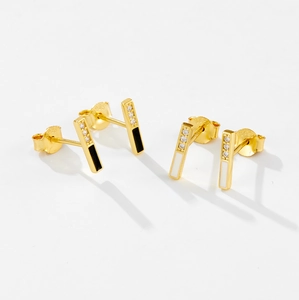 Minimalist S925 silver gold bar earrings with black and white enamel and zircon accents