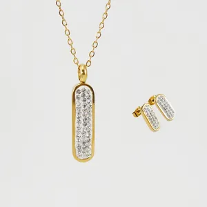 Set Di Gioielli Da Donna Acciaio Inossidabile Placcato Oro 18K Strass Incastonati Rettangolo Pendente Geometrico Collana Orecchini