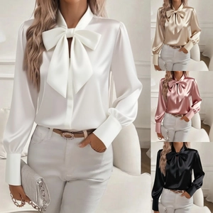 Camicetta In Raso Da Donna A Maniche Lunghe Elegante Con Fiocco Tinta Unita Top Da Ufficio