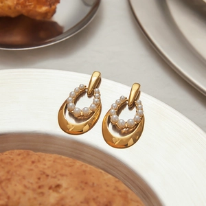 French vintage 18K gold plated door knocker earrings with inlaid white pearls