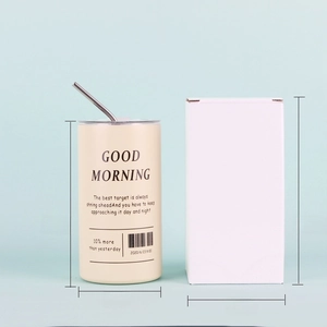 Detail showing dimensions of a matte beige insulated coffee tumbler with straw and box